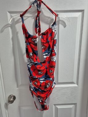 Red Floral Halter One-Piece Swimsuit - Women's